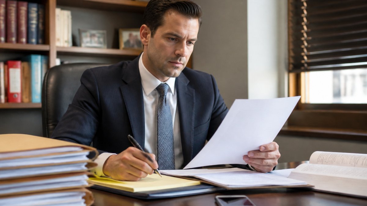 Professional criminal defense attorney sitting at desk reviewing case files and legal documents with phone nearby, suggesting accessibility and readiness to consult