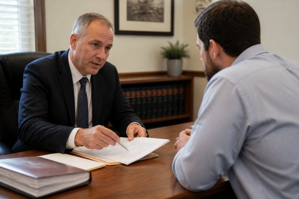 A professional attorney in a dark suit reviewing case files with a client across a wooden desk in a well-lit law office, both leaning forward in serious discussion