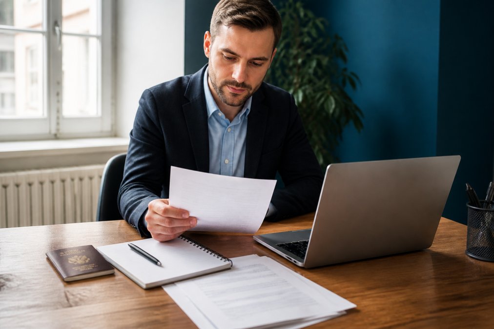 Business professional reviewing German GmbH formation documents on a laptop in a bright office setting.