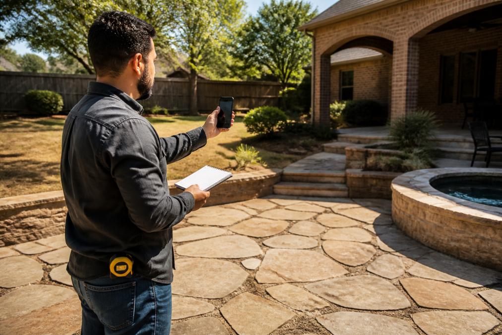 Homeowner standing in backyard with measuring tape, smartphone, and notebook, documenting property dimensions and photographing existing hardscape features in afternoon sunlight