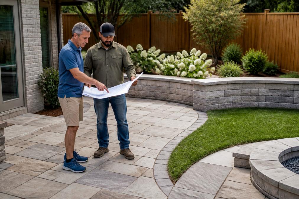 Design professional meeting with homeowner outdoors near existing patio, reviewing site measurements and discussing project concepts while standing in the backyard