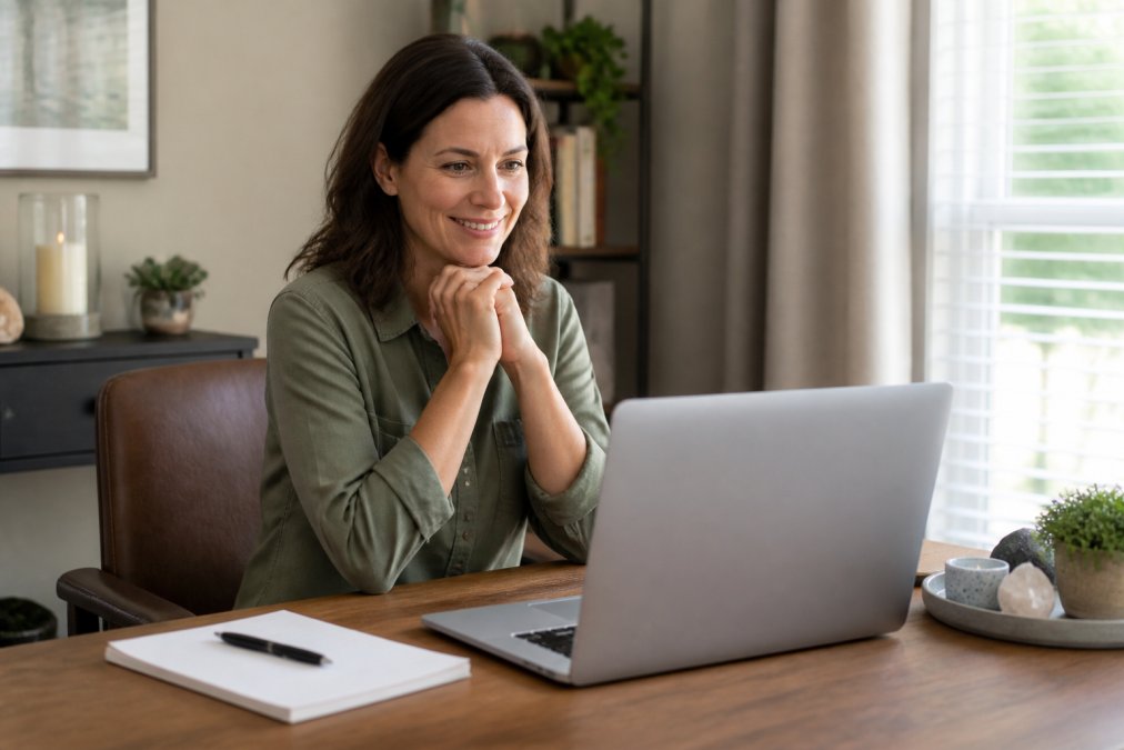 Woman in a calm home office setting during a video consultation on her computer, looking engaged and comfortable