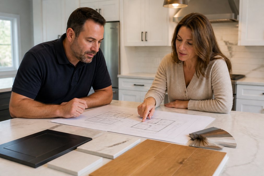 Professional contractor and homeowner reviewing architectural floor plans and material samples together at a kitchen table, with the homeowner pointing to specific details on the designs