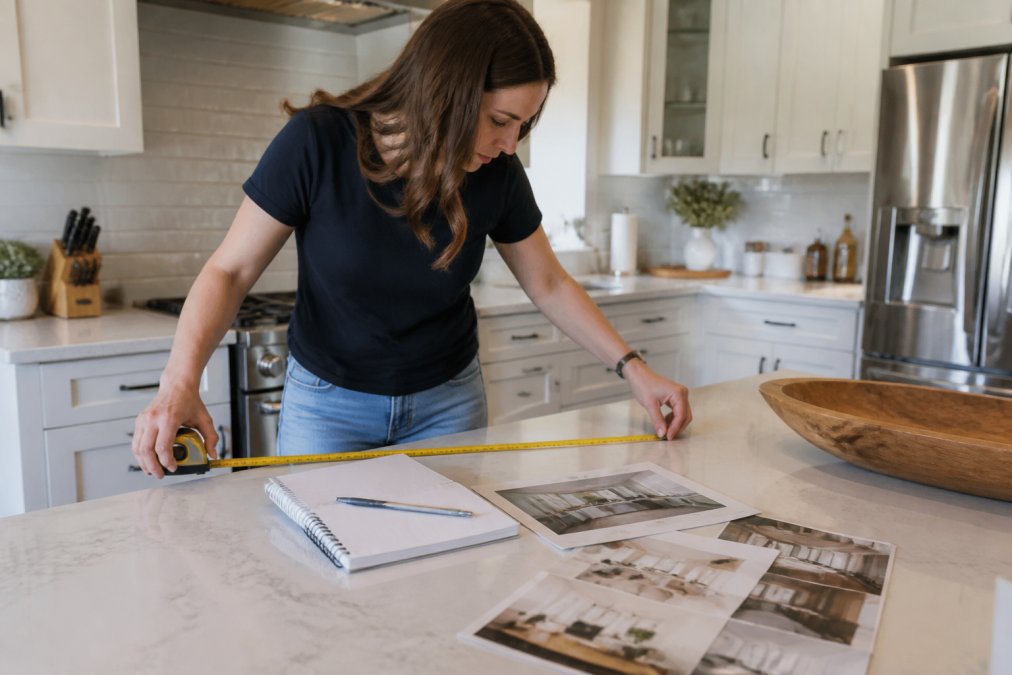 Homeowner standing in their kitchen taking measurements with a tape measure, with a notebook and inspiration photos of kitchen designs spread nearby on the counter