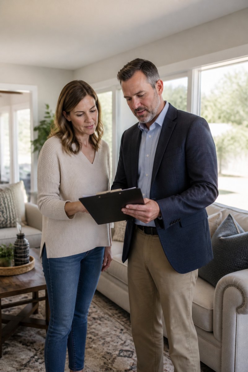 A real estate agent and homeowner standing in a bright living room, reviewing a property assessment on a clipboard, with natural light coming through windows
