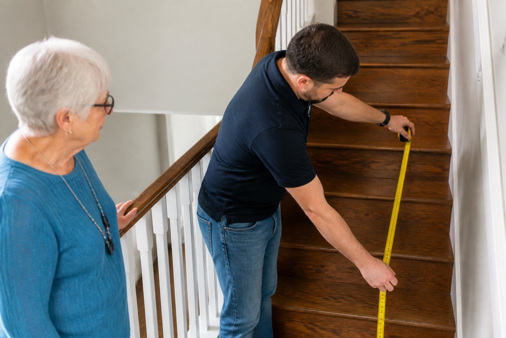 Professional technician measuring staircase dimensions with tape measure while older adult watches from nearby in residential home