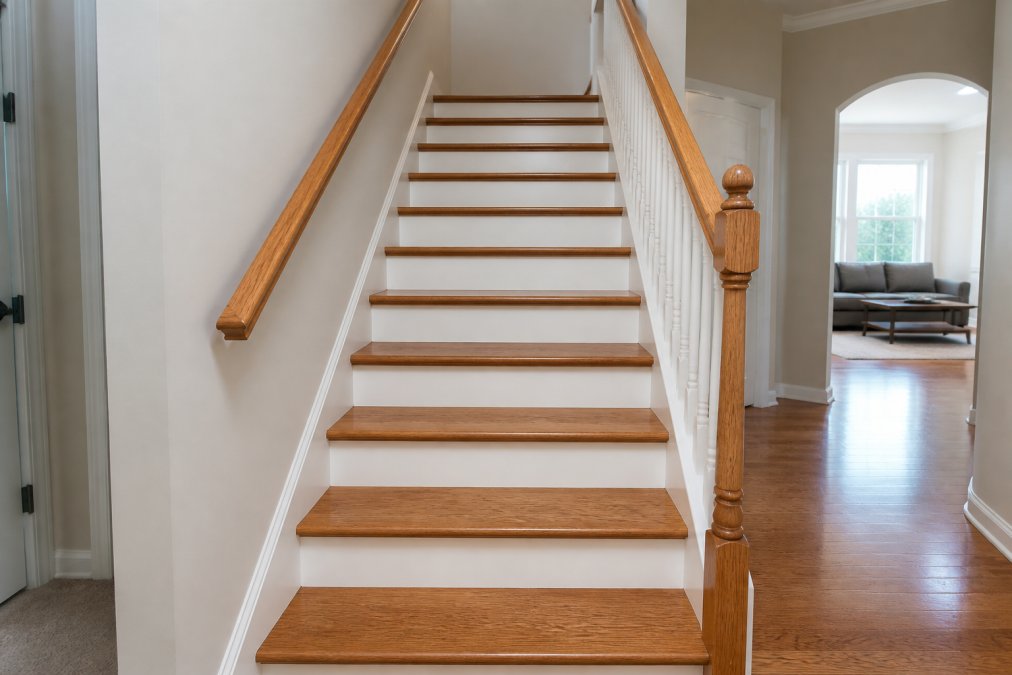 Clean residential staircase with clear pathways, no clutter or obstacles, showing proper preparation for stairlift installation