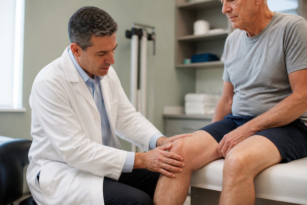 Healthcare provider conducting detailed physical examination of patient's knee joint in modern clinical setting with diagnostic equipment visible in background
