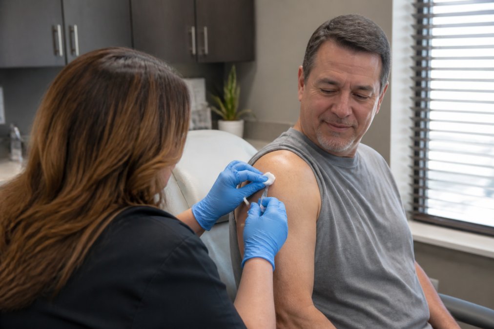 Healthcare provider carefully administering regenerative medicine treatment to patient's shoulder in comfortable clinical room with warm lighting and calming environment