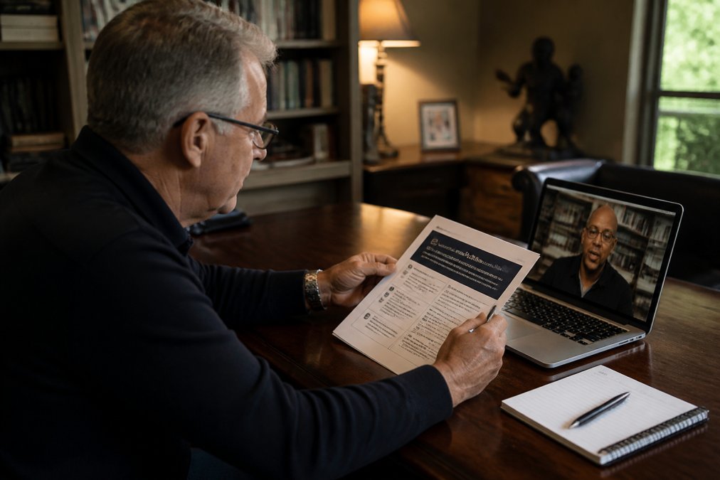Business executive reviewing a framework during a leadership clarity session at a desk