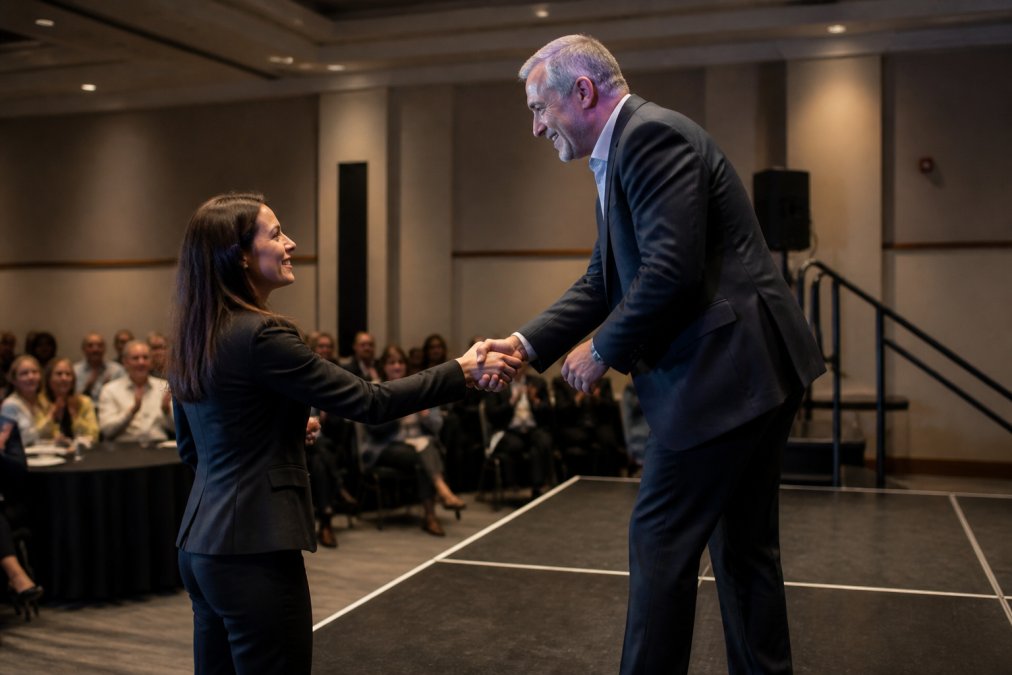 Professional event organizer in business attire shaking hands with a keynote speaker on stage during a corporate conference, with audience members visible in the background and professional lighting illuminating the stage