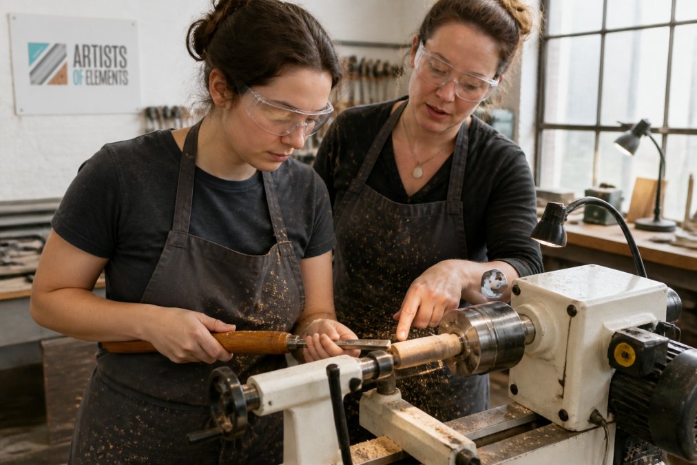 A beginner student at a wood lathe in a warm, well-lit studio, carefully turning a wooden pen blank while an instructor guides their hand, sawdust visible, safety glasses on, focused expression