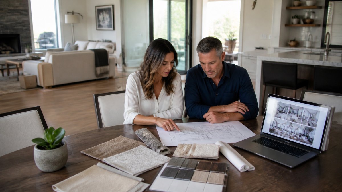Process flowchart for planning a luxury home renovation with architectural blueprints and mood boards