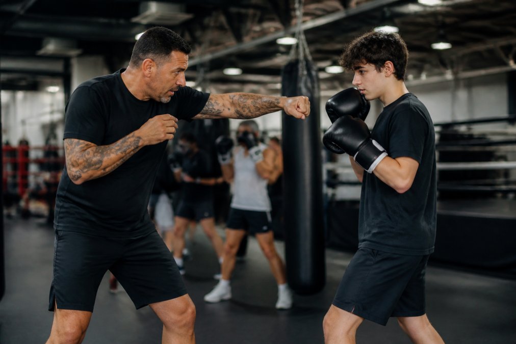 Professional boxer demonstrating proper stance and punching technique with student in boxing gloves during instructor-led class in modern training facility with bright overhead lighting