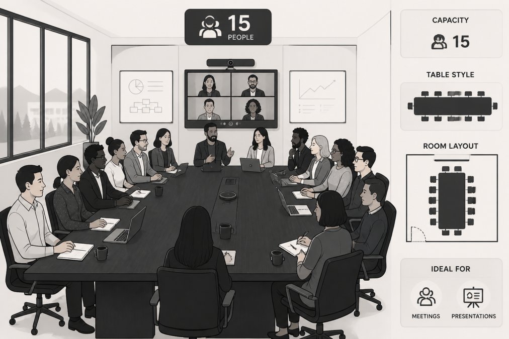 Diverse team of 15 professionals seated around a large conference table in a bright, modern meeting room with natural light from windows, whiteboards on walls, and video conferencing equipment visible in the background