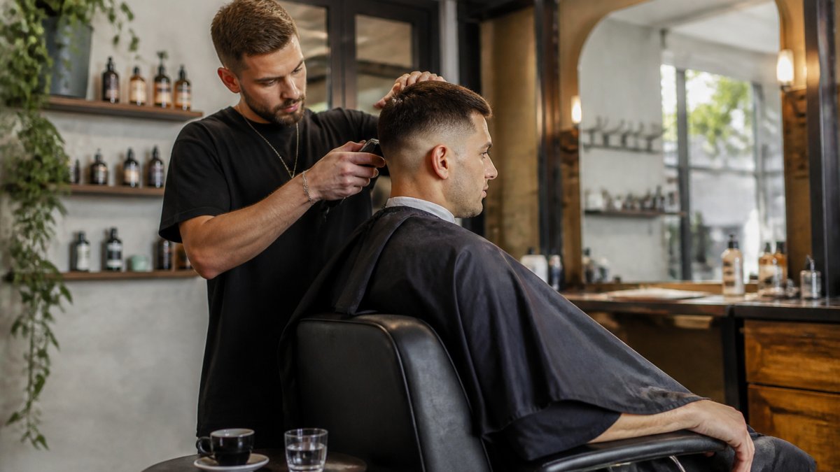 Process flow showing a relaxed men's haircut Newtown session with espresso and a professional fade.