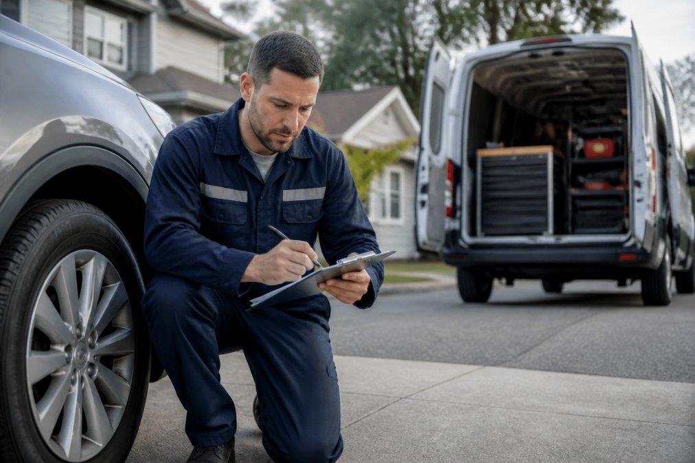 A journeyman-certified mechanic in coveralls performing an on-site vehicle inspection in a residential driveway, holding a clipboard and inspection report, with a mobile service van parked nearby in the background