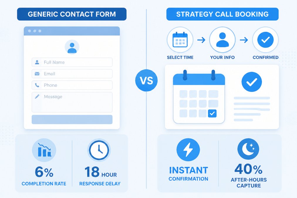 Digital illustration of a split-screen comparison: left side shows a generic contact form with a 6% completion rate and 18-hour response delay, right side shows a strategy call booking flow with instant calendar confirmation and 40% after-hours capture