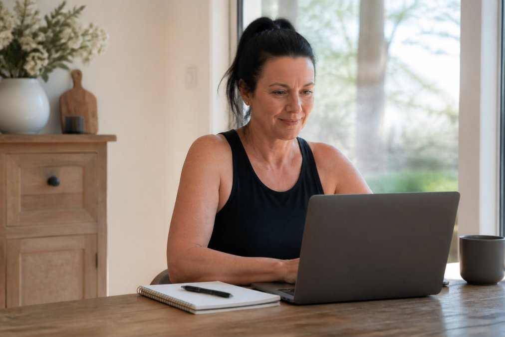 A woman in her mid-forties sitting at a kitchen table with a laptop open, a notebook and pen beside her, looking focused and calm as she prepares for an online consultation, natural light from a window, warm home setting
