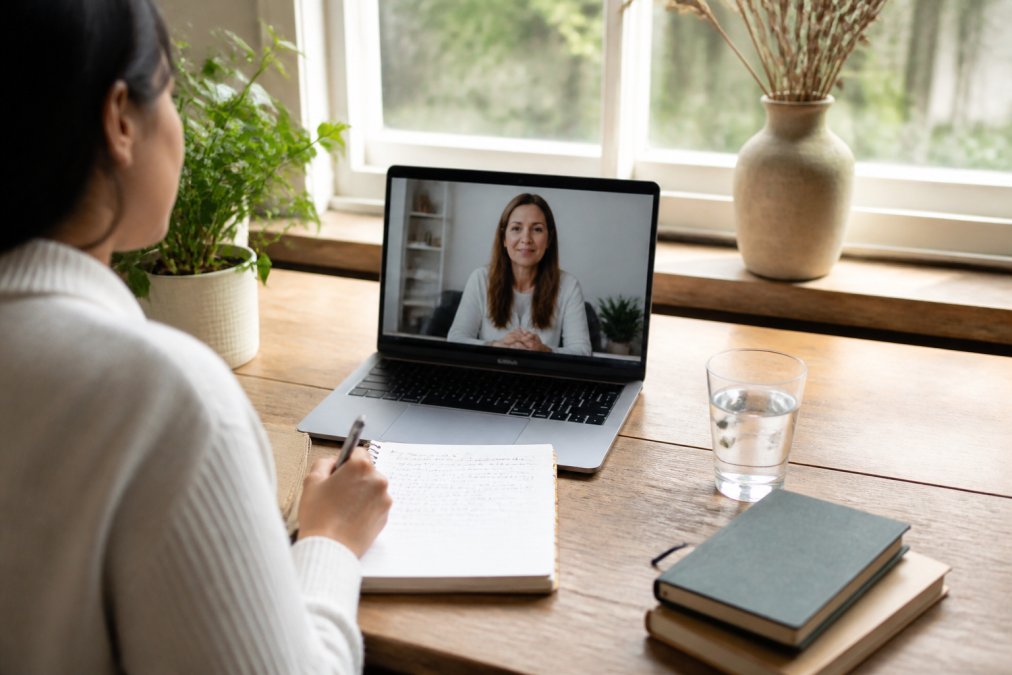 A person sitting at a home desk with a laptop open showing a telehealth video call interface, a notepad with handwritten health notes beside it, a glass of water, and warm natural light coming through a nearby window