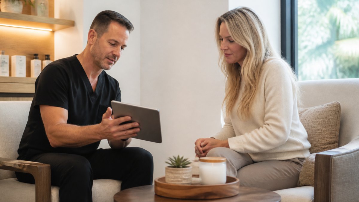 A clinician in a bright, spa-like consultation room reviewing a tablet of health data with a seated patient, warm natural light, calm and professional atmosphere