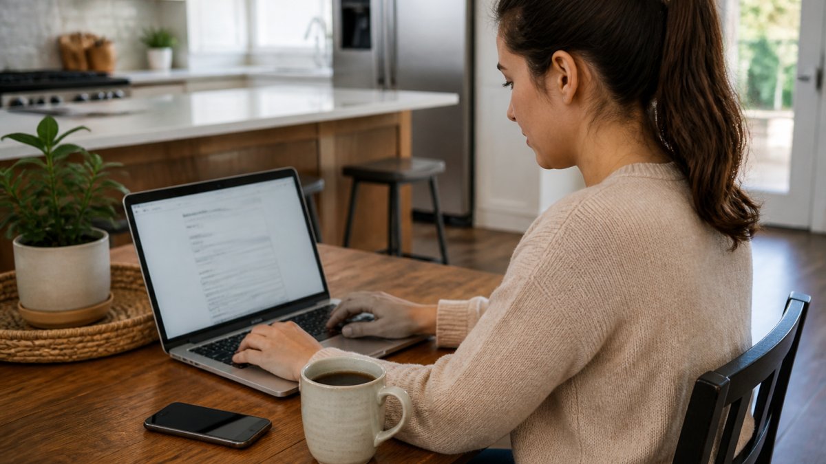 A 3-step process to book physical therapy online using a home laptop and smartphone.