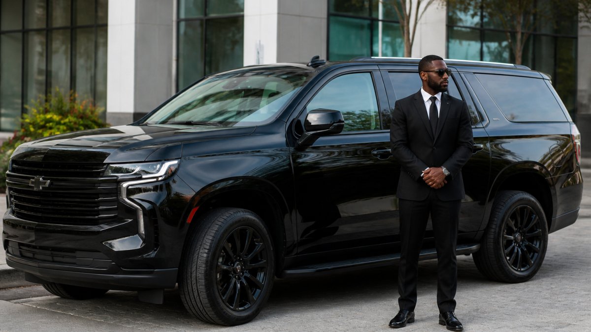 Professional driver in dark suit standing beside a luxury black SUV parked outside a modern Charlotte office building, ready to assist passengers