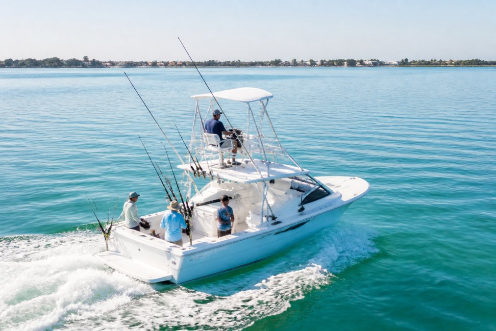 Aerial view of a sportfishing boat cruising calm Gulf Coast waters near Anna Maria Island, with anglers on deck and a captain at the helm, bright morning light
