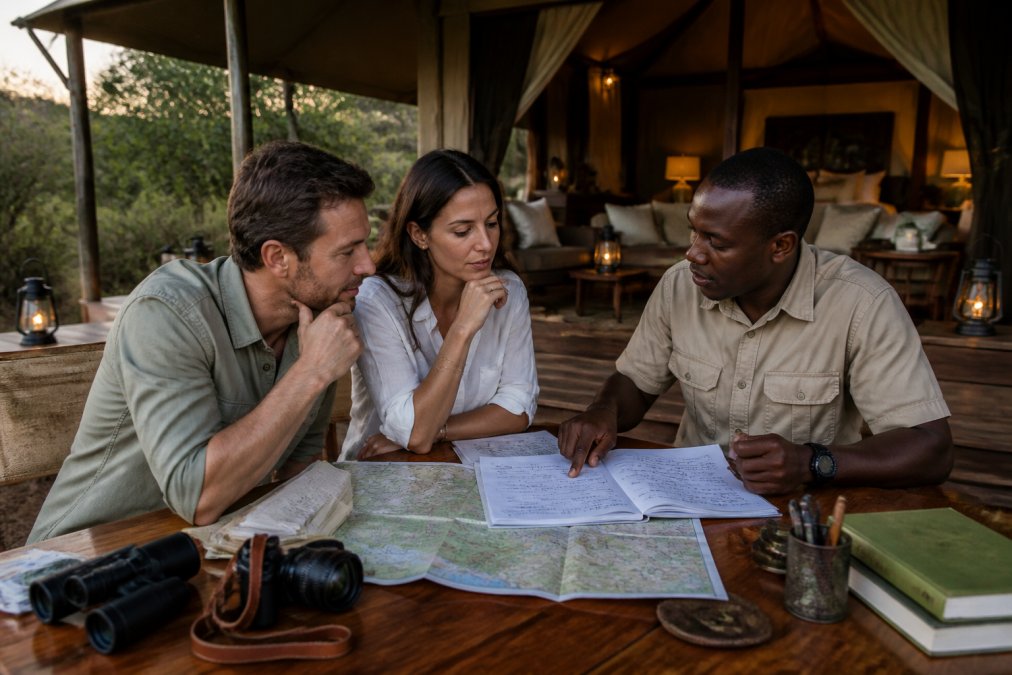 A couple seated at a wooden outdoor table with a knowledgeable safari guide reviewing a detailed printed map and hand-annotated itinerary documents, a luxury tented camp with canvas walls and lanterns visible in the warm background light