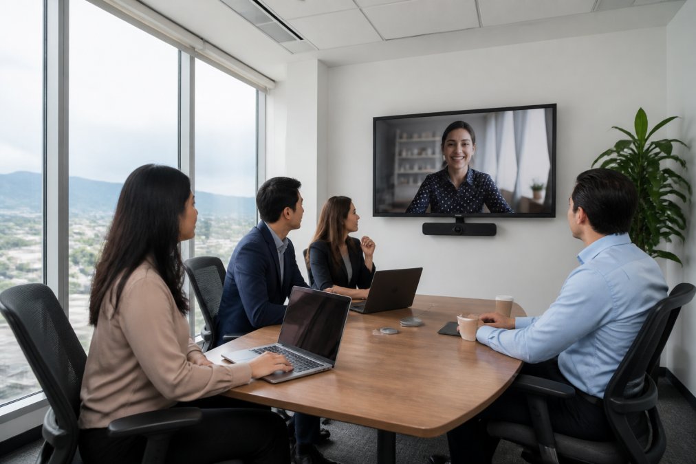 Infographic illustrating the selection process for a modern private meeting room with video conferencing tools.