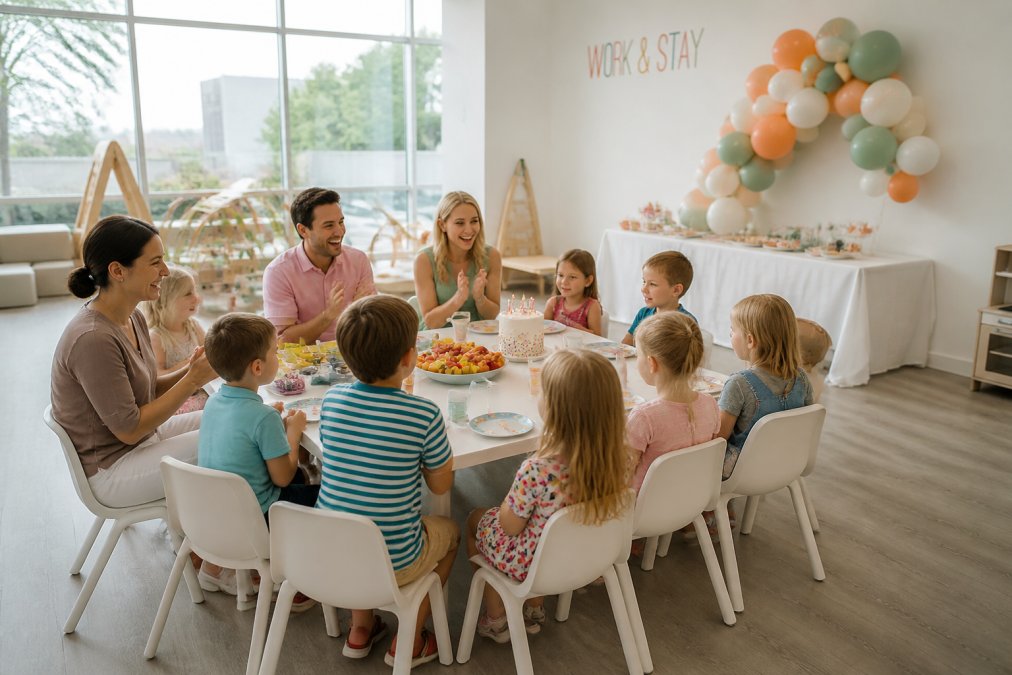 Parents and children celebrating a birthday in a bright indoor play space, a dedicated party area decorated with colorful balloons and a cake table in the corner, natural light streaming through large windows