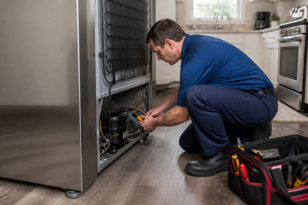 A factory-trained appliance technician in a blue uniform crouching behind a stainless steel refrigerator in a bright residential kitchen, holding a handheld diagnostic tool against the compressor panel