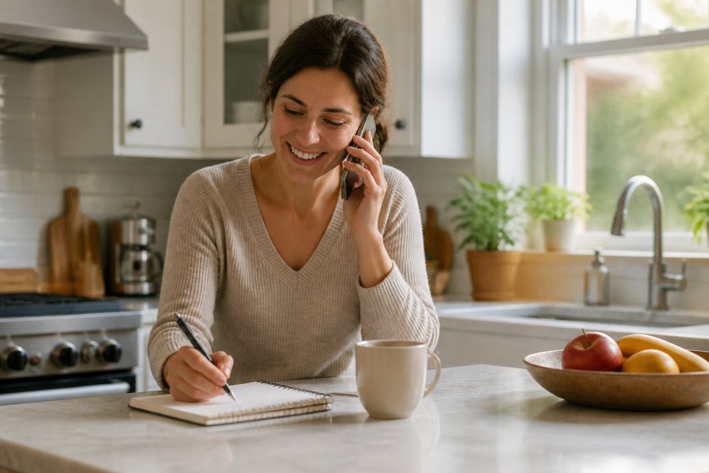 A homeowner smiling while talking on the phone in a bright modern kitchen, holding a pen over a notepad with an appointment written on it, warm natural light from a window nearby