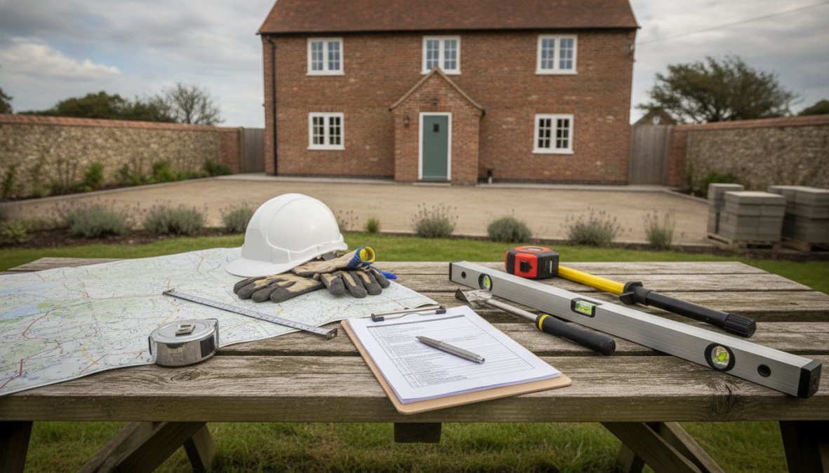 A paving specialist crouching on a residential driveway in Norfolk, clipboard in hand, closely inspecting surface cracks and taking handwritten notes during a site assessment visit on a cloudy afternoon