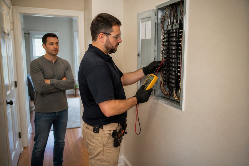 A licensed electrician in work clothes and safety glasses opening a residential electrical panel in a home hallway, testing voltage with a handheld meter while a homeowner watches from a few feet away