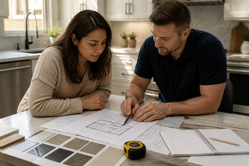 A homeowner and a kitchen designer reviewing blueprints and material samples spread across a kitchen table, with a notebook, pencil, and measuring tape visible under warm afternoon light