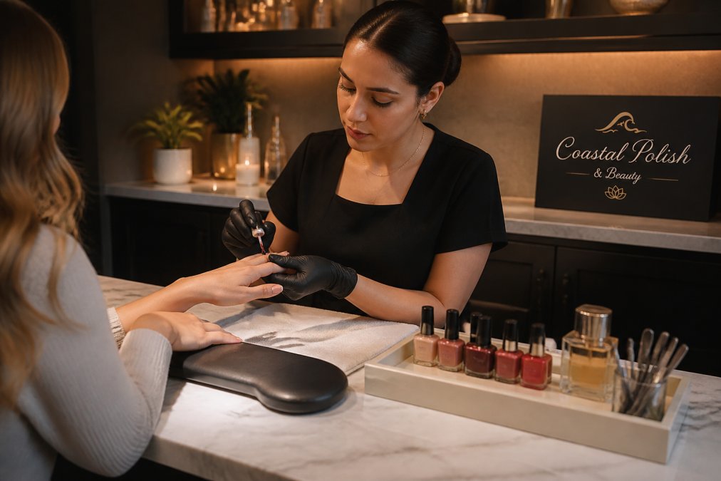 A nail technician carefully applying gel polish to a client's nails in a softly lit, modern nail studio, with a curated tray of nail polish shades and premium tools arranged neatly on a white marble surface