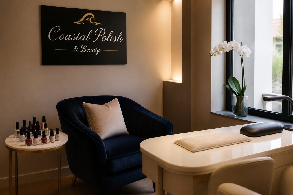 A serene private nail salon room with a plush velvet chair, soft warm ambient lighting, a small side table holding a curated selection of nail polish bottles, and a single white orchid in a slim vase near the window