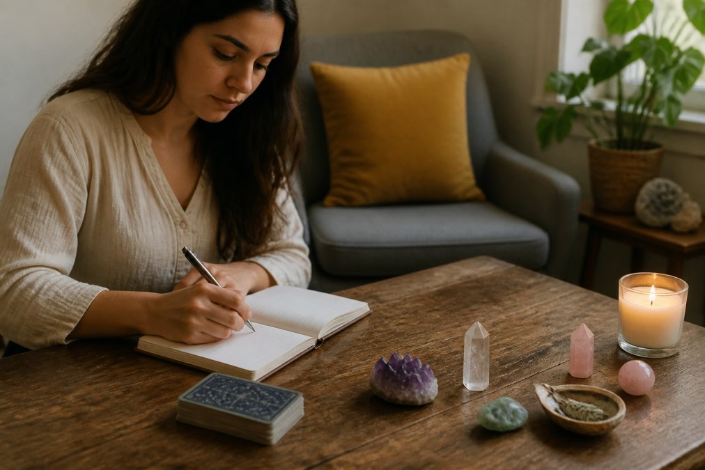 A person sitting calmly in a cozy, softly lit room with a notebook and pen, preparing questions before a spiritual session