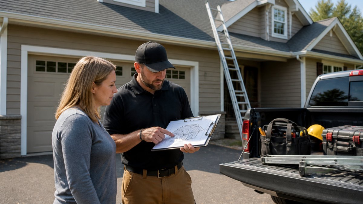 A homeowner and a professional roof inspector standing in a driveway, reviewing a clipboard with a roof diagram, a ladder leaning against the house and clear afternoon light overhead