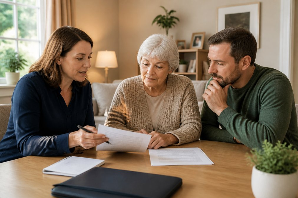 A caring professional sitting at a table with an older adult and a family member, reviewing paperwork together in a warm, well-lit living room, with a notepad and printed documents on the table between them