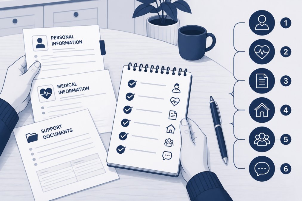 Close-up of a person's hands organising printed documents and a notepad with a handwritten checklist on a light wooden kitchen table, with a pen resting alongside, suggesting careful preparation in a calm home setting