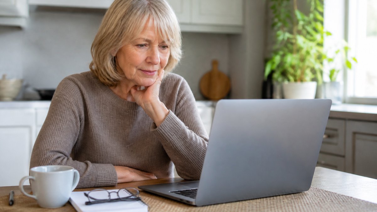A woman in her sixties sitting at a kitchen table with a laptop, reviewing a clinic's online booking form, with a notepad, reading glasses, and a cup of tea nearby in soft morning light