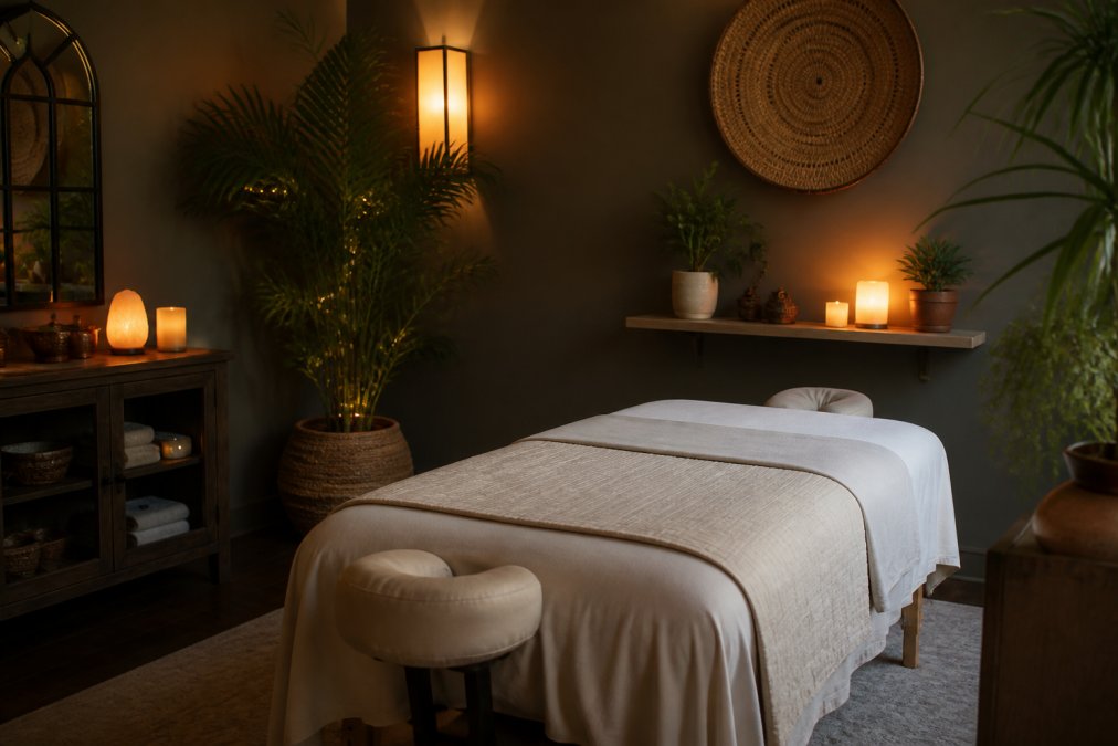 Peaceful therapy room with soft warm lighting, massage table with pristine linens, lit candles, potted plants, and minimal décor creating a serene sanctuary atmosphere