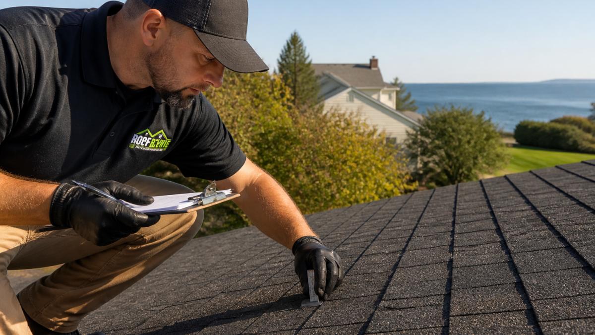 Professional roof inspector examining asphalt shingles up close with measuring tools and clipboard on residential roofline, morning sunlight illuminating granule texture