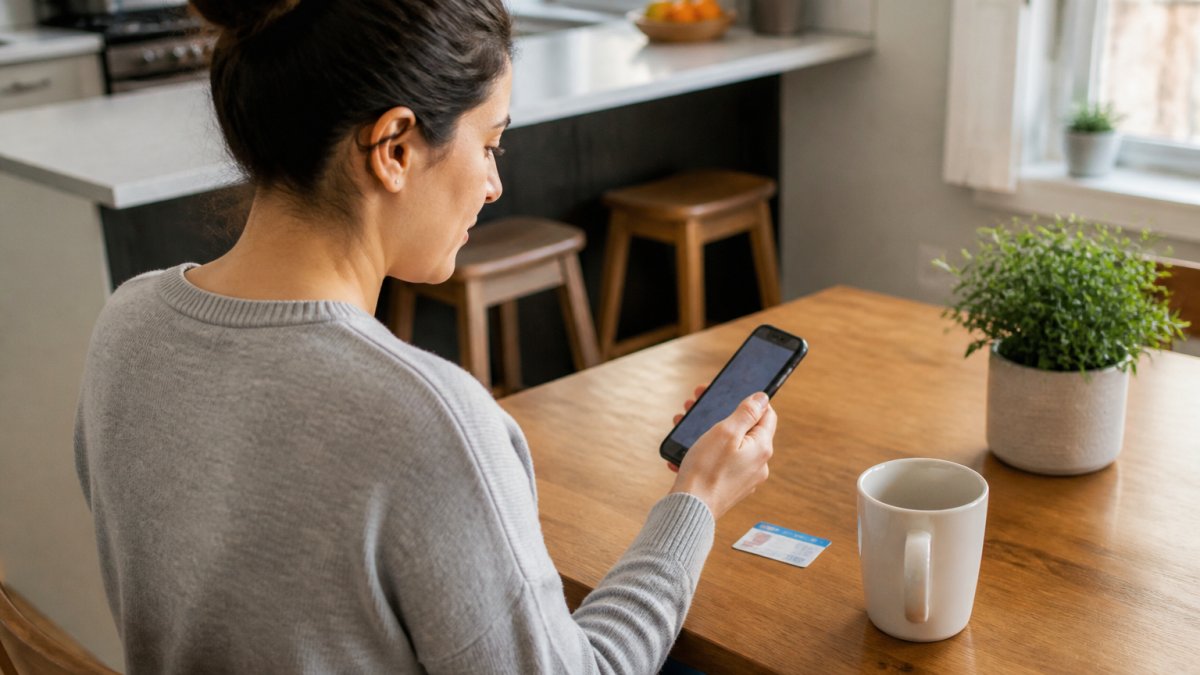 A person sitting at a kitchen table with a smartphone in one hand and a health card on the table, looking at a clinic booking screen, warm morning light through the window