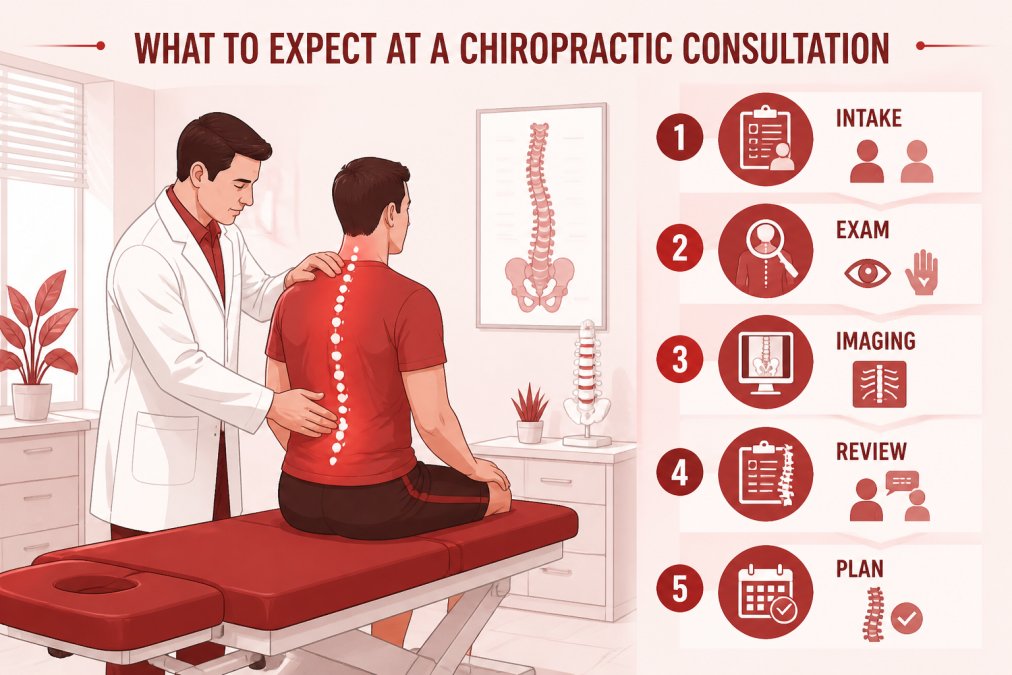Professional chiropractor in white coat performing spinal examination on patient seated on medical examination table in modern, well-lit clinical office with anatomical spine model visible on wall