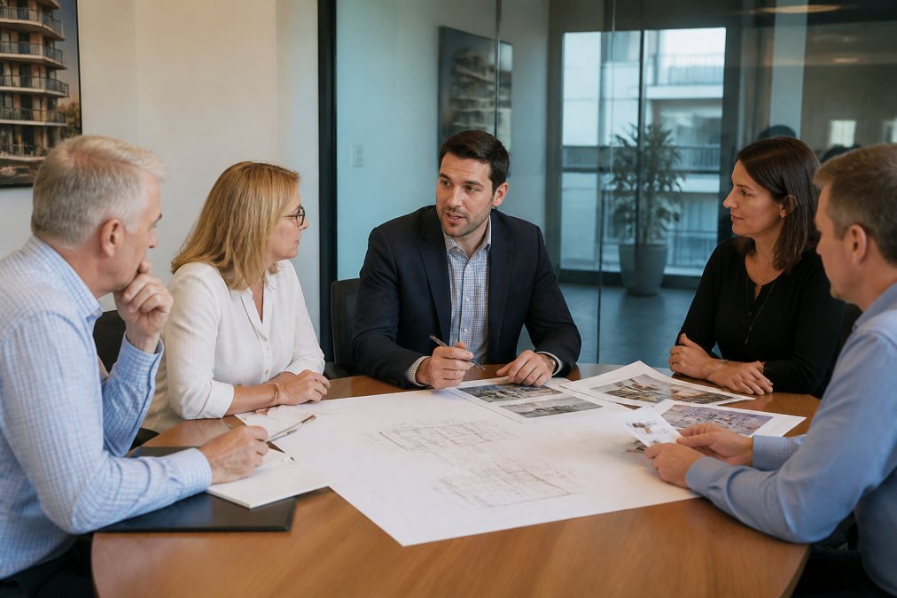 Professional strata manager meeting with committee members around a conference table, discussing property documents and building plans in a modern office setting