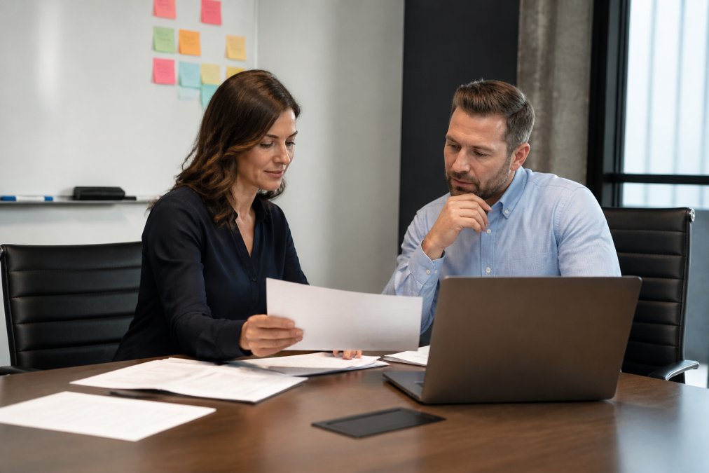 Business consultant and founder reviewing printed reports and a laptop together at a conference table, with sticky notes and a whiteboard visible in the background, warm office lighting