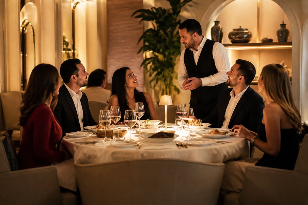 An elegant upscale restaurant dining room with soft warm lighting, a round table set for celebration with polished silverware and wine glasses, guests in semi-formal attire enjoying dinner together with warm hospitality evident